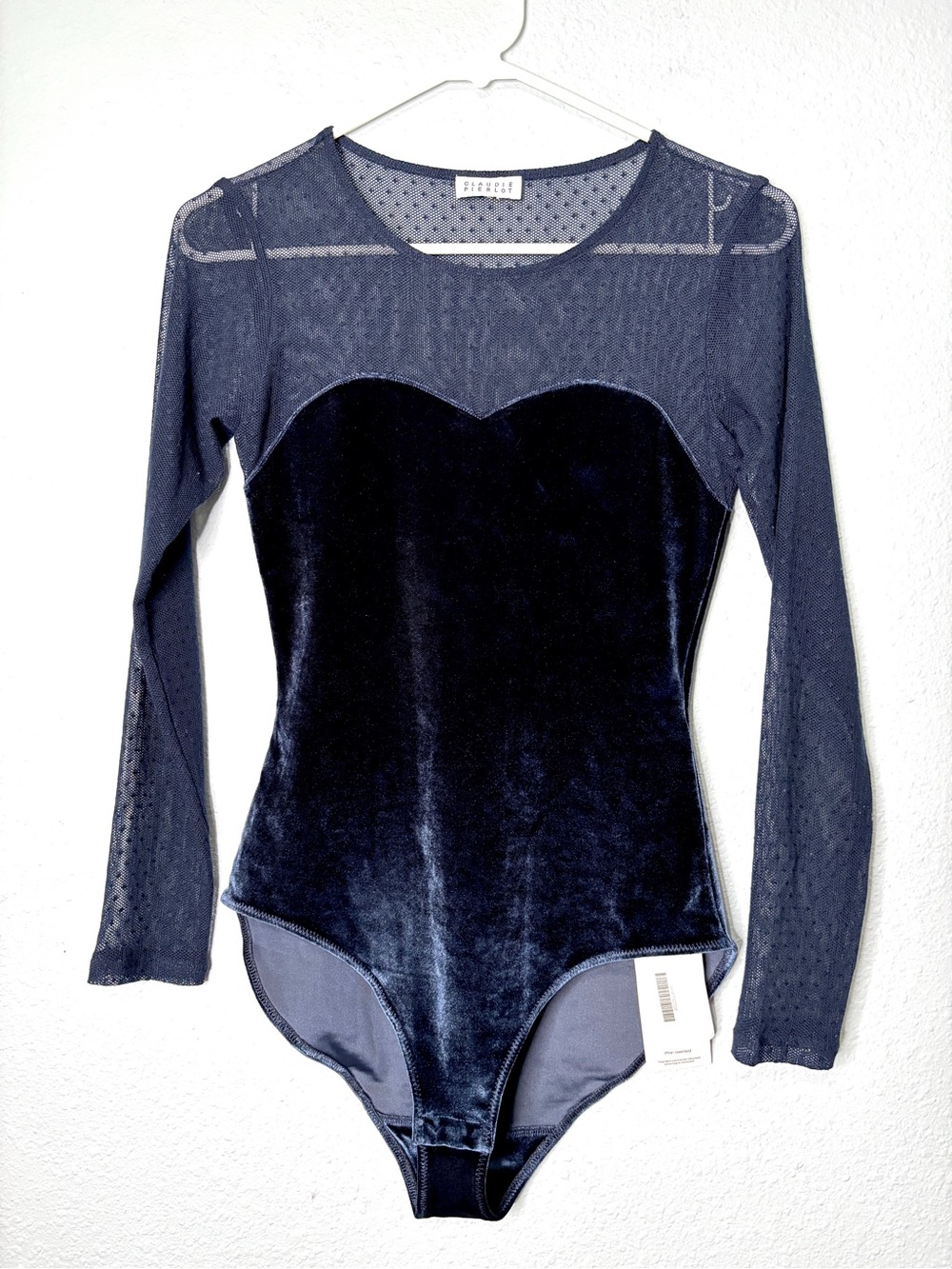 Claudie Pierlot Navy Velvet Swiss Dot Mesh Bodysuit S